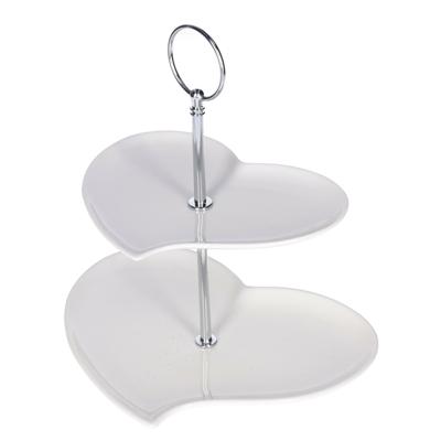 Etagere hartjes vorm - wit - porselein - 2-laags -  20 x 55 cm - hapjes/high tea - serveerschaal