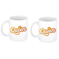 2x stuks mok/ beker wit Koningsdag Queen met kroontje 300 ml - feest mokken - thumbnail