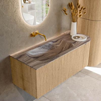 Badmeubel Mondiaz Kurve-Dlux | 115 cm | Meubelkleur Oak | Wastafelkleur Sombra | Solid surface | Wasbak linker zijde spoelbak | Zonder kraangat(en)