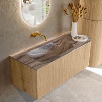 Badmeubel Mondiaz Kurve-Dlux | 115 cm | Meubelkleur Oak | Wastafelkleur Sombra | Solid surface | Wasbak linker zijde spoelbak | Zonder kraangat(en)