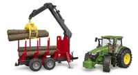 Bruder John Deere 7R 350 met houttrailer en 4 boomstammen - thumbnail