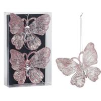 Christmas Decoration kersthangers vlinders - 2x - 15 cm - roze - thumbnail