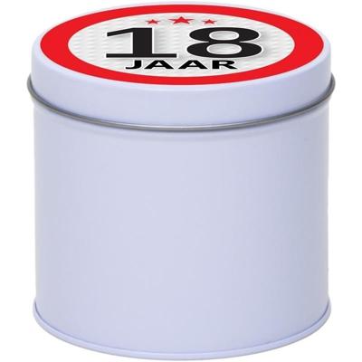 Cadeau koek of snoep blik - met 18 jaar opdruk sticker - 10 x 10 cm - Cadeauverpakking verjaardag