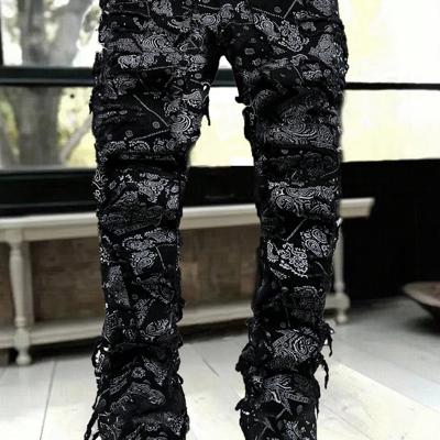 Men's Paisley Print Ripped Jeans - Black Slim Fit Frayed Hem Denim 28