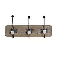 Kapstok rek voor wand/muur - lichtbruin - 3x dubbele ophanghaken - Hout/metaal - 39 x 19 cm