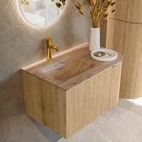 Badmeubel Mondiaz Kurve-Dlux | 75 cm | Meubelkleur Oak | Wastafelkleur Arena | Solid surface | Wasbak linker zijde spoelbak | 1 kraangat