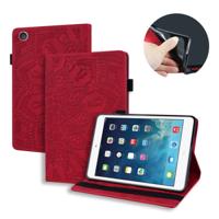 Voor iPad 4 & 3 & 2 kalf patroon dubbele vouwen ontwerp reliëf lederen draagtas met houder & kaartsleuven & pen slot & elastische band (rood)