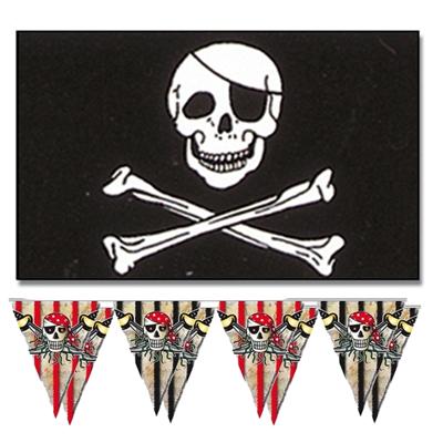 Piraten feestje/verjaardag versiering set - 2x vlaggenlijnen - en 1x piratenvlag 90 x 150 cm