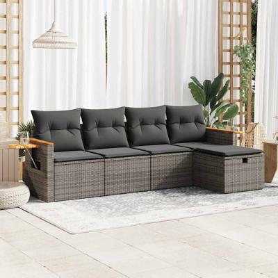 5-delige Loungeset met kussens poly rattan grijs