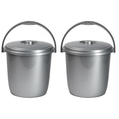 Plasticforte afsluitbare afvalemmer met deksel - 2x - zilver - 15 liter - kunststof - luier emmer