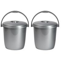 Plasticforte afsluitbare afvalemmer met deksel - 2x - zilver - 15 liter - kunststof - luier emmer