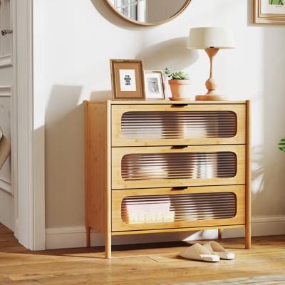 3-Ladenkast Opbergkast in Mid-Century Moderne Stijl met Gestreepte Gehard Glazen Voorkant Opbergkast van Bamboe voor Woonkamer