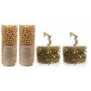 Set van 2x gouden kralenslingers kerstslingers 10 meter en 2x Kerstboom sterren folie slingers goud