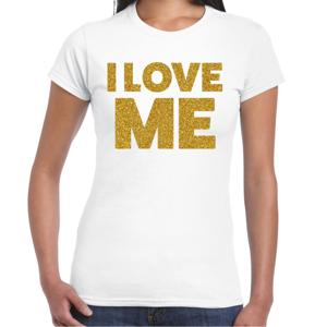 Foute party t-shirt dames - I love me - wit - glitter goud - carnaval/themafeest