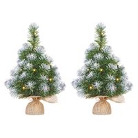 2x Mini kunst kerstboom met 10 LED lampjes en sneeuw 45 cm - thumbnail