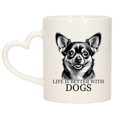Cadeau mok voor honden liefhebbers - Chihuahua - wit met hartjes oor - keramiek - 300 ml