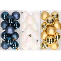 36x stuks kunststof kerstballen mix van donkerblauw, parelmoer wit en goud 6 cm - thumbnail