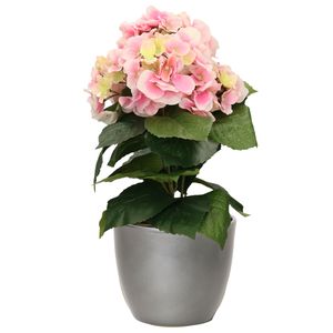 Hortensia kunstplant met bloemen lichtroze - in pot metallic zilver - 40 cm hoog