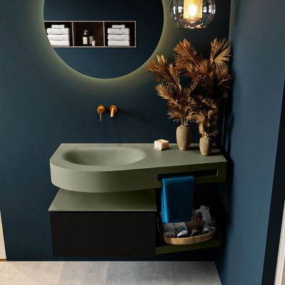 MONDIAZ RIVA 100cm badmeubel onderkast / planchet kleur Urban met 1 lade. Wastafel DULCET links 0 kraangaten kleur Army. MONDIAZ RIVA 100cm badmeubel onderkast / planchet kleur Urban met 1 lade. Wastafel DULCET links 0 kraangaten kleur Army.