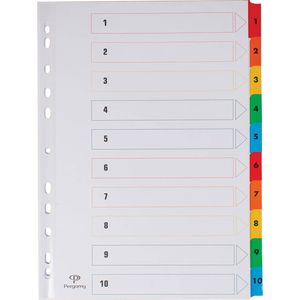 Pergamy tabbladen met indexblad, ft A4, 11-gaatsperforatie, geassorteerde kleuren, set 1-10 25 stuks