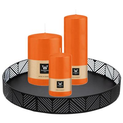 Cilinderkaarsen stompkaarsen - set van 3x - op dienblad - oranje - 6 x 12 - 10x15 - 7x20 cm