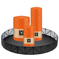 Cilinderkaarsen stompkaarsen - set van 3x - op dienblad - oranje - 6 x 12 - 10x15 - 7x20 cm