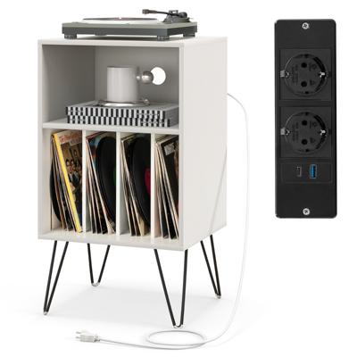 Platenspelerstandaard met Laadstation 3-Traps Platenstandaard Vinylplaten Opbergtafel met Plank en 4 Scheidingswanden Wit