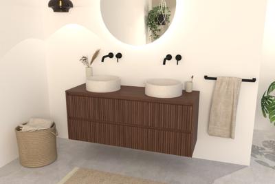 Walnuss-Badmöbel Nila 140 cm - Riffel-Front mit 4 Softclose-Schubladen