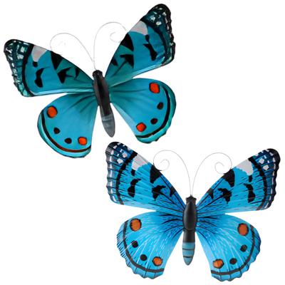 Wanddecoratie vlinders - 2x stuks - aqua en blauw - 34 x 28 cm - metaal - muurdecoratie tuin