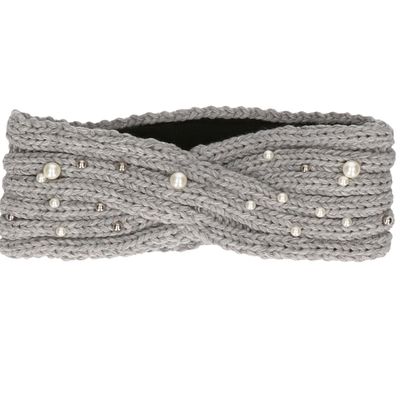 Winter hoofdband licht grijs met parels en fleece voering voor dames
