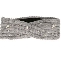 Winter hoofdband licht grijs met parels en fleece voering voor dames   - - thumbnail