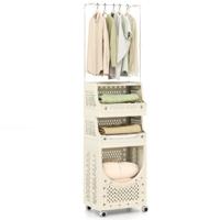 4-laags Waskar Met Kledingrek Opvouwbare Wasmand Met Vergrendelbare Wielen 2 Manden En 8 Haken