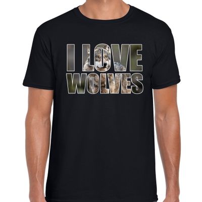 Tekst t-shirt I love wolves met dieren foto van een wolf zwart voor heren Tekst t-shirt I love wolves met dieren foto van een wolf zwart voor heren