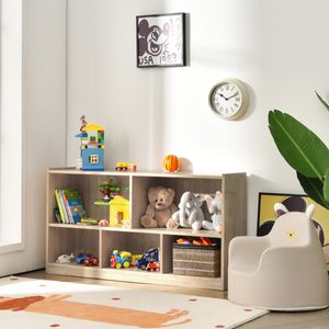 Kinderboekenkast & Speelgoed Opslag 5 Kubussen Kinderen Opbergkast Houten Opbergplank met 5 Compartimenten Grijs/Wit/Natuur