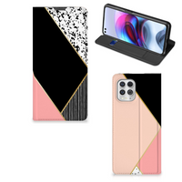 Motorola Moto G100 Stand Case Zwart Roze Vormen - thumbnail
