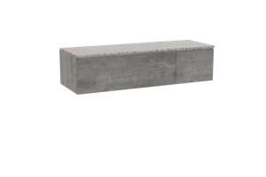 Storke Edge zwevend badmeubel 150 x 52 cm beton donkergrijs met Tavola enkel of dubbel wastafelblad in mat wit/zwart terrazzo