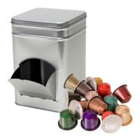 Koffiecups bewaarblik met dispenser - zilver - 14 x 14 x 21 cm - metaal - met deksel Koffiecups bewaarblik met dispenser - zilver - 14 x 14 x 21 cm - metaal - met deksel