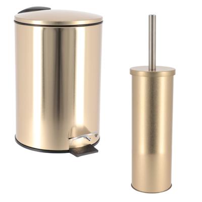 Set Prullenbak en Toiletborstel - goud - metaal/rvs - badkamer - toilet
