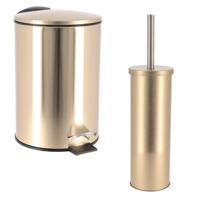 Set Prullenbak en Toiletborstel - goud - metaal/rvs - badkamer - toilet
