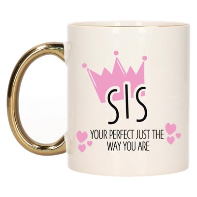 Cadeau koffie/thee mok voor zus - kroon/hartjes - goud - 300 ml - keramiek