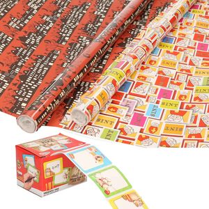 Sinterklaas inpakpapier/cadeaupapier 6x rollen en 50 naam stickers - Cadeaupapier