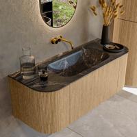 Mondiaz KURVE-DLUX 120 cm Onderkast Greeploos 1 Lade Met Deuren Oak, Wastafel Solid Surface Midden Lava 0 Kraangaten Zonder Spiegel (KRVBGS120L+R1L2D0KM-Oak/Lav)