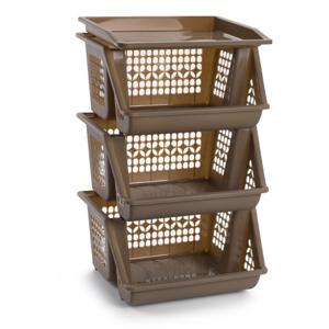 Opberg kratten/manden/organizers - 3 lagen/vakken - 39 x 32 x 62 cm - kunststof - bruin