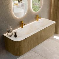 Badmeubel Mondiaz Kurve-Dlux | 145 cm cm | Meubelkleur Dusk | Wastafelkleur Ostra | Solid surface | Dubbel / Rechts spoelbak | 2 kraangaten