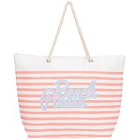 Strandtas met handvat wit/roze gestreept met Beach Please print polyester 38 x 39 cm