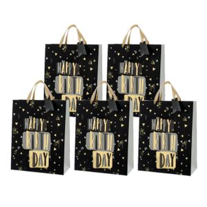 Set van 12x stuks papieren verjaardag giftbags/cadeau tasjes Happy Birthday zwart 25 x 32 x 12 cm