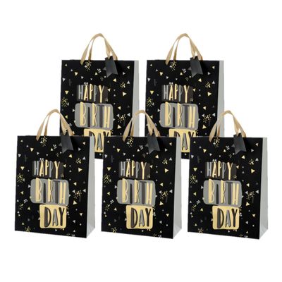 Set van 12x stuks papieren verjaardag giftbags/cadeau tasjes Happy Birthday zwart 25 x 32 x 12 cm