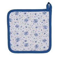 Clayre & Eef Pannenlap 20x20 cm Wit Blauw Katoen Vierkant Roosjes