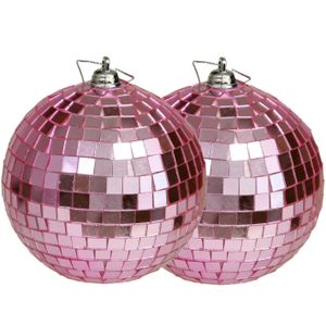 Grote discobal kerstballen - 2x stuks - roze - 10 cm - kunststof