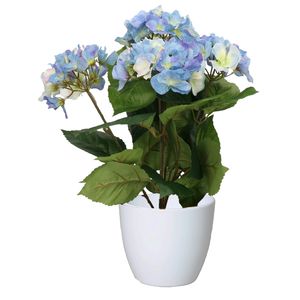 Hortensia kunstplant met bloemen blauw - in pot wit - 40 cm hoog